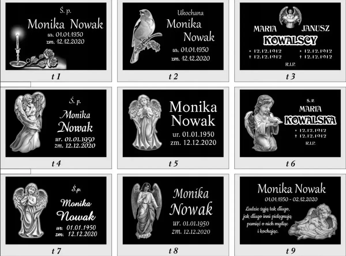 przykładowy wzorów tablic nagrobnych prostokątnych z grawerem